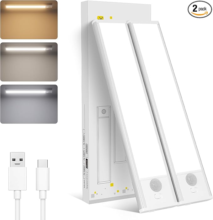 ORALUCE Under Cabinet Lighting Rechargeable Magnetic, 8inch LED Motion Sensor Light Indoor Battery Operated 3 Color Dimmable, Wireless Closet Lights for Kitchen Counter Stairs, 2 Pack