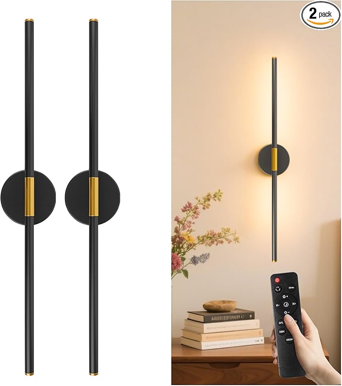 GvvooHome 28.3" Battery Operated Wall Sconces Set of 2, 360°Rotation Rechargeable Wall Lights with Remote Control, 3000K-6500K LED Detachable Wall Lamp for Bedroom, Hallway, Black Gold