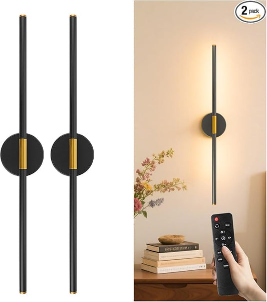 GvvooHome 28.3" Battery Operated Wall Sconces Set of 2, 360°Rotation Rechargeable Wall Lights with Remote Control, 3000K-6500K LED Detachable Wall Lamp for Bedroom, Hallway, Black Gold