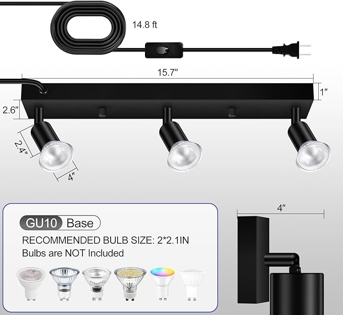 3 Head Plug in Track Light Fixture Black, Easy Install Corded Track Lighting Kit with Switch, Adjustable Directional Spotlight for Kitchen Island Closet Art Display, Modern Ceiling Lamp,15ft Cord