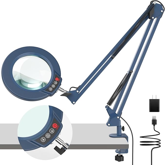 10X Magnifying Glass with Light and Clamp, Real Glass Stand Lighted Magnifier, 2*16 Arm 5 Color Modes Stepless Dimmable LED Desk Lamp Hands Free for Craft Hobby Reading Painting Close Work Large Blue