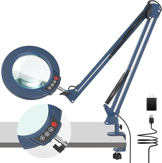 10X Magnifying Glass with Light and Clamp, Real Glass Stand Lighted Magnifier, 2*16 Arm 5 Color Modes Stepless Dimmable LED Desk Lamp Hands Free for Craft Hobby Reading Painting Close Work Large Blue
