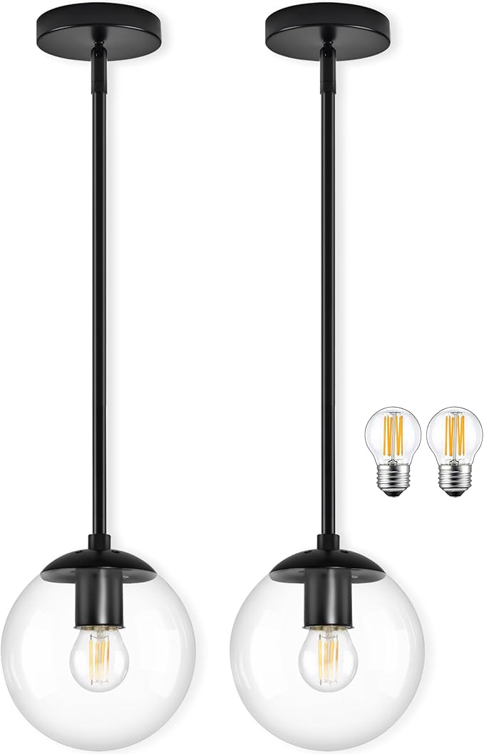 Bagood 6" Globe Pendant Light Black 2 Pack Mid Century Pendant Light Globe Pendant Lights Kitchen Island Matte Black Finished with Clear Glass Adjustable Ceiling Light Fixtures for Dining Room Bar