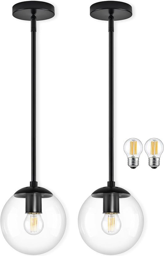 Bagood 6" Globe Pendant Light Black 2 Pack Mid Century Pendant Light Globe Pendant Lights Kitchen Island Matte Black Finished with Clear Glass Adjustable Ceiling Light Fixtures for Dining Room Bar
