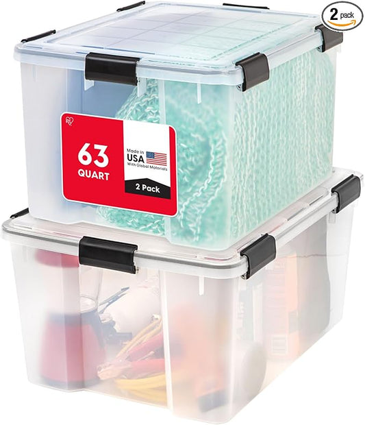 IRIS USA WeatherPro 63 Qt Storage Bins with Lids, 2 Pack, BPA-Free Plastic Gasket Box with Tight Latch and Seal, Stackable Nestable Tote Tub - Clear/Black