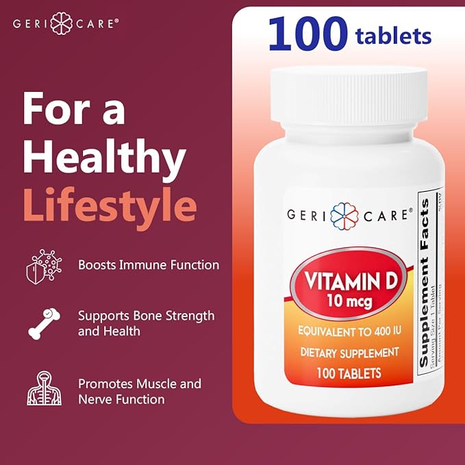 Comprimés de GeriCare Vitamine D3 (10 µg 400 UI) et Calcium (25 mg) – Complément Alimentaire Essentiel pour la Santé des Os, la Fonction Musculaire et le Soutien Immunitaire – 100 Comprimés (Lot de 1)