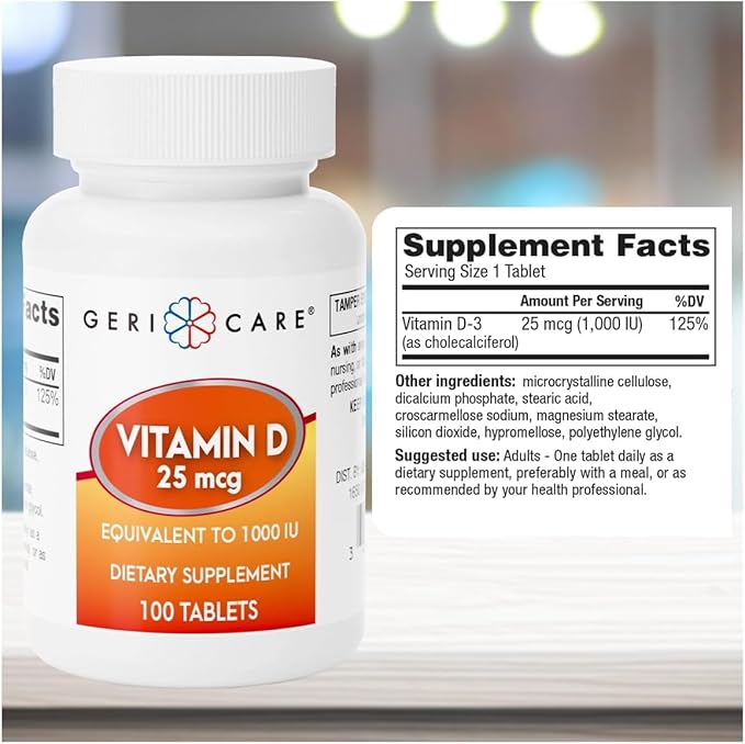 Comprimés de vitamine D 25mcg GeriCare, favorise la santé des os et le soutien immunitaire, complément alimentaire, 100 unités (Paquet de 2)