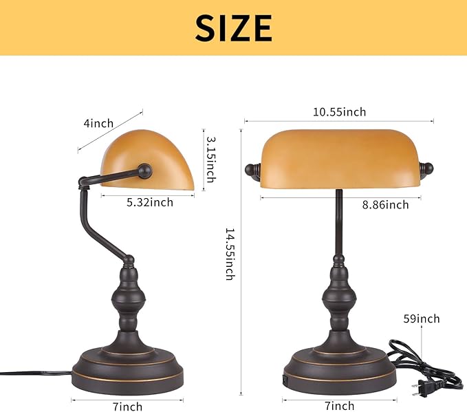 Banker Desk Lamp Touch Control, Vintage Banker's Desk Lamp with USB-A Port, 3 Way Dimmable Desk Lamps, Farmhouse Library Lamp Oil Rubbed Bronze for Office, Study Room