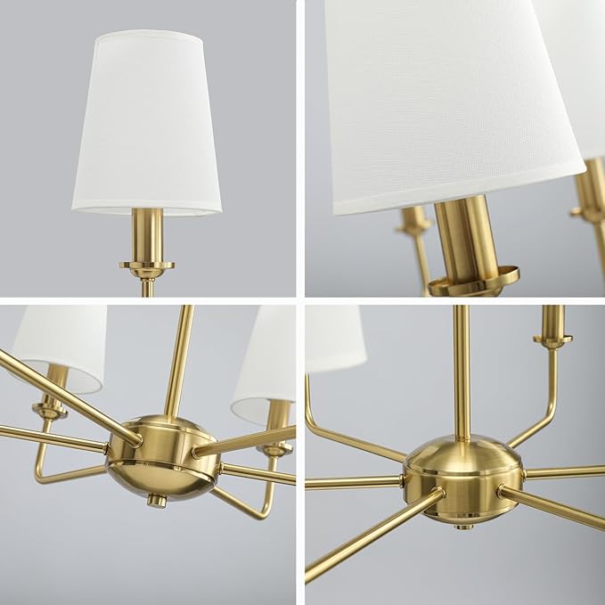 6-Light Brushed Gold Pendant Chandelier with Fabric Shades, E12 Base - Farmhouse & Industrial Style for Kitchen, Living Room, Dining Room, or Bedroom Lighting