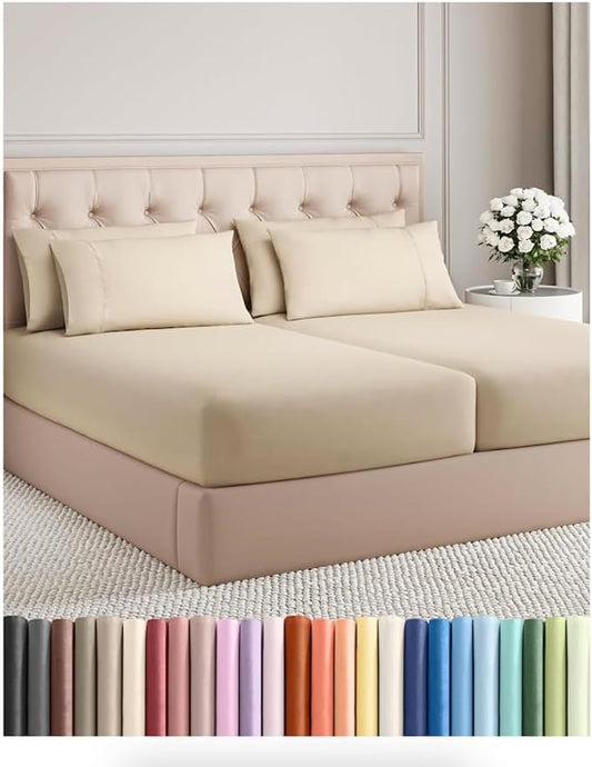 Split King 7 Piece Sheet Set - Comfy Breathable & Cooling - Ultra-Soft Hotel Luxury Bedding Set w/ 8-16 Inch Deep Pockets - 1 Flat & 2 Fitted Sheet & 4 Pillowcases - Wrinkle Free & Easy Care - Wheat