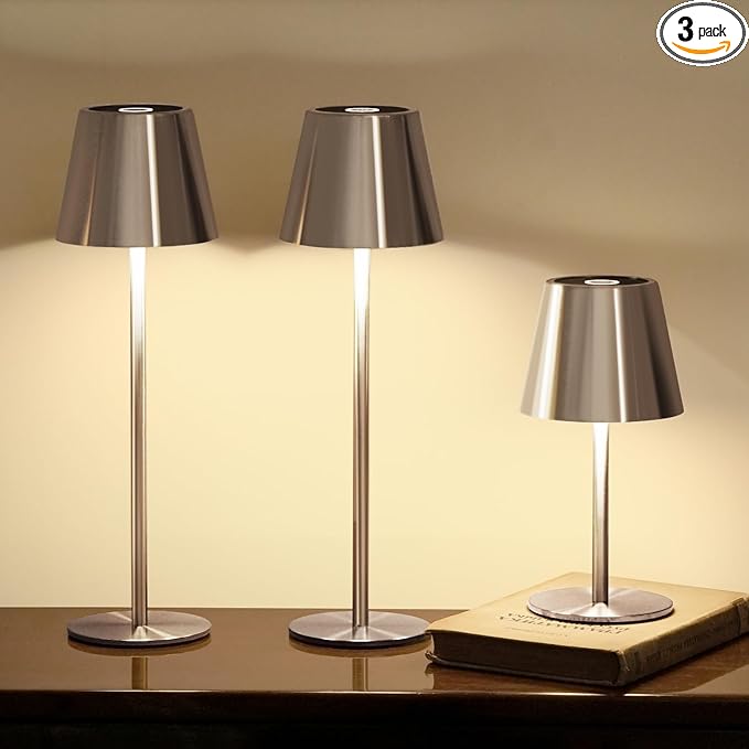 3 Pack Cordless Table Lamp, Portable Battery Operated Lamp with 3 Color Temps and Stepless Dimming, Rechargeable Table Lamp for Dinner, Desk, Cafe, Outdoor (Brushed Silver)