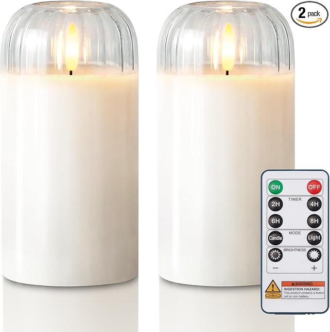 Homemory Glass Flameless Candles, Battery Operated Plliar Candles Realistic Flickering, LED Electric Light with Remote and Timer for Home, Christmas Decoration, White, Set of 2