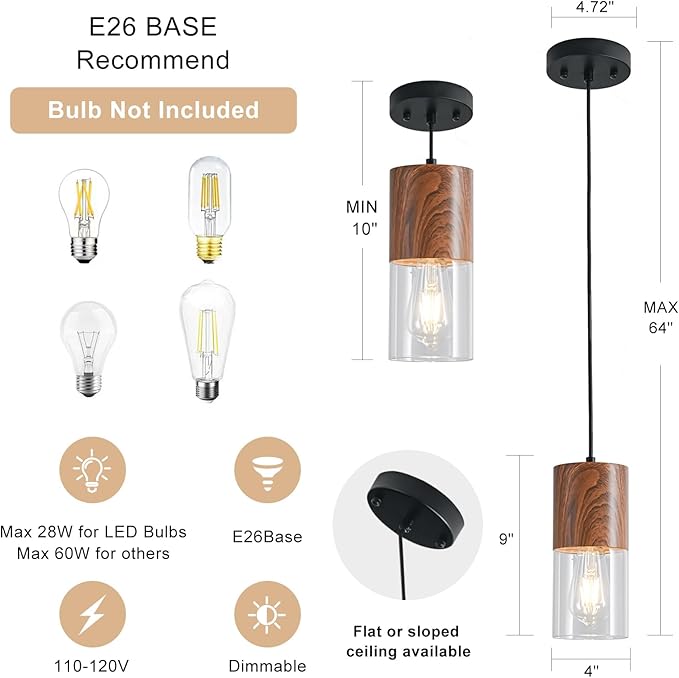 2-Pack Modern Pendant Lights for Kitchen Island, Adjustable Pendant Light Fixtures with Brown Wood Grain, Industrial Clear Glass Pendant Lights for Dining Table Hallway Bedroom Living Room