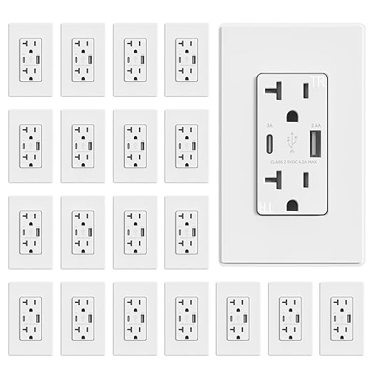 ELEGRP USB Charger, Wall Outlet with USB A & USB C Ports, 20 Amp Duplex Tamper Resistant Receptacle Plug NEMA 5-20R, Wall Plate Included, UL Listed, 20 Pack, Matte White