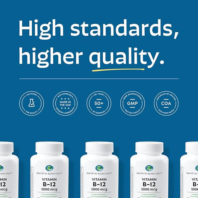 Compléments énergétiques Earth's Splendor, avec vitamine B12, sans colorant ni arôme artificiels, sans gluten, soutien du métabolisme énergétique (1000mcg, 200 comprimés)