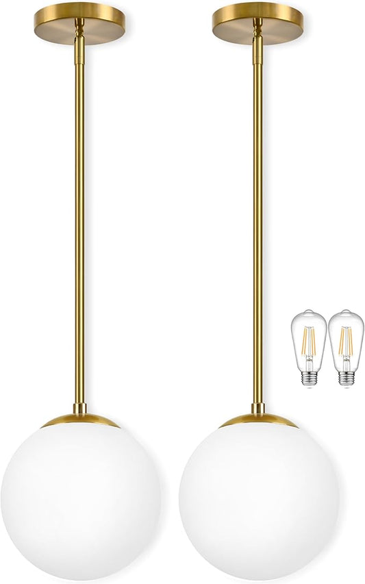 Bagood 10" Globe Pendant Light Gold 2 Pack Mid Century Pendant Light Globe Pendant Lights Kitchen Island Brushed Brass Finished with Milk Glass Adjustable Ceiling Light Fixtures for Dining Room Bar