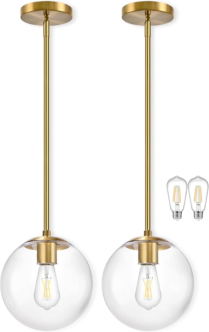 Bagood 10" Globe Pendant Light Gold 2 Pack Mid Century Pendant Light Globe Pendant Lights Kitchen Island Brushed Brass Finished with Clear Glass Adjustable Ceiling Light Fixtures for Dining Room Bar