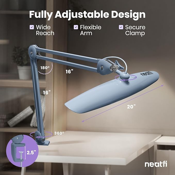 Neatfi XL 2200 Lumens 24W LED Desk Lamp – Shadow-Free Task Lighting | 4-Level Dimming | Home Office & Crafts Use | 20-Inch Wide Head (Gray, Non-CCT with Clamp)