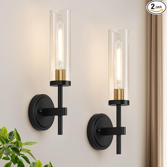 Hardwired Wall Sconces Set of Two, Black and Gold Bathroom Sconces with Clear Glass, Modern Wall Light Fixtures for Bathroom Mirror Vanity, Living Room, Bedroom, Hallway, Stairway, Cabinet, Foyer