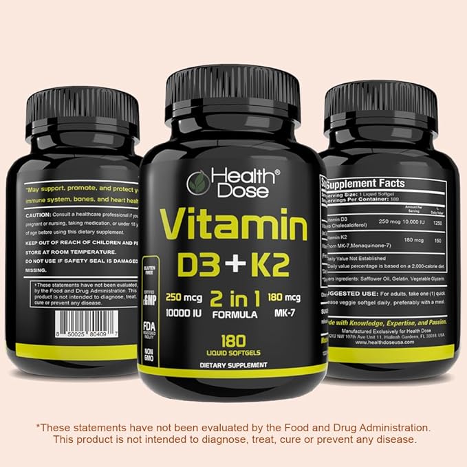 Health Dose ビタミンD3 10,000 IU + K2（MK7）サプリメント、2-in-1処方、免疫サポート、健康的な気分、心臓、関節、歯、骨の健康、カルシウム吸収、180粒。（2）