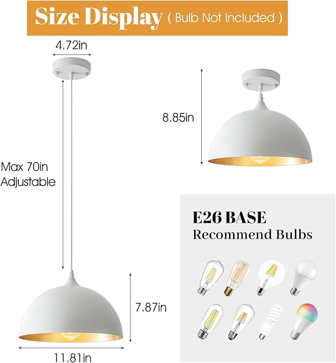 White Pendant Light 2 Pack, 11.8" Farmhouse Pendant Lights Adjustable Height, Modern Pendant Lighting for Kitchen Island Dining Room Bedroom