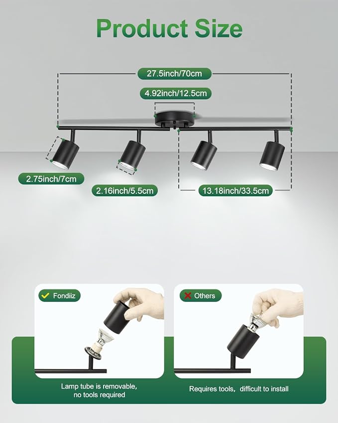 4 Ways Track Lighting, Rotatable Heads Tracks Light, Track Lightings Fixtures Ceiling with Foldable Arms, Modern Black Tracks Light for Kitchen, Living Room, Hallway(Bulbs Not Included)