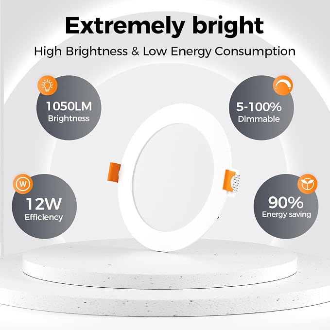 CHARKEE 24 Pack 6 Inch 5CCT Ultra-Thin LED Recessed Ceiling Light with Junction Box, 2700K-5000K, 1050LM High Brightness, Dimmable Canless Wafer Downlight,12W Eqv 110W, ETL & Energy Star & FCC