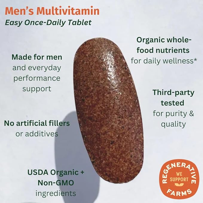 Men’s Multi Once Daily, Whole-Food Multivitamin with 19 Vitamins & Minerals for Energy, Heart, Bone Strength, Prostate & Immune Support, Vegan, Non-GMO, 60 Count