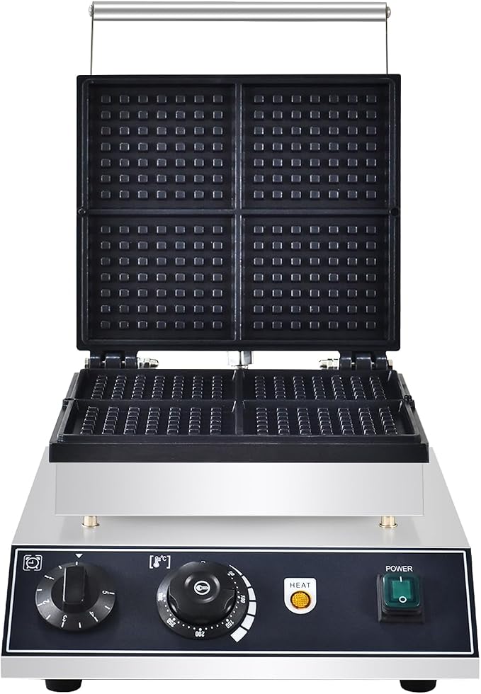 110V Commercial Square Waffle Maker ，4pcs Nonstick Electric Waffle Maker 1800W Electric Stainless Steel Belgian Waffle Machine with Temperature&Time Control for Snack Bar Home Bakeries