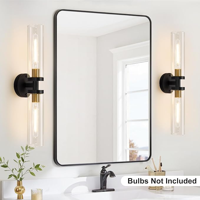 Indoi Black and Gold Wall Sconce, Hardwired Bathroom Sconces Wall Lighting with Clear Glass, Modern Sconces Wall Light fixtures for Bathroom Mirror Living Room Hallway Bedroom
