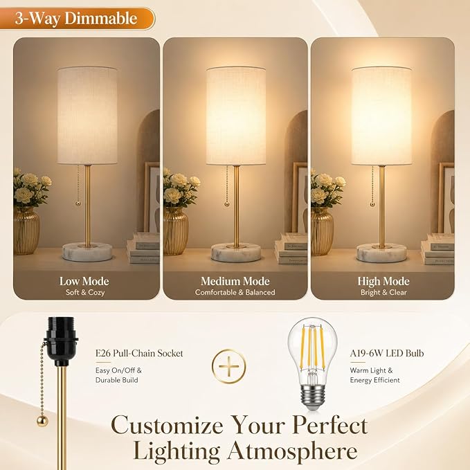 JUNNAI Table Lamps Set of 2, Gold Bedside Lamps, 3 Way Dimmable Nightstand Lamps with Marble Base & Linen Shade &Pull Chain,18.5 Inches Tall Skinny Desk Lamps for Bedroom Living Room(Bulbs Included)