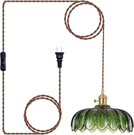 XZHGCEE Hanging Lamp Plug in Pendant Light: Green Hanging Light Plug in Hanging Lamp, Glass Pendant Lighting for Kitchen Island, Bedroom, Dining Room, Living Room, E26 No Bulb