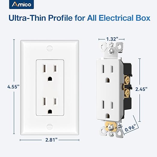 Amico Wall Outlet, UL Listed, Tamper Resistant Standard Electrical Outlet, Decorator Receptacle, Suitable for Home and Business, 125V/1875W, White, 15 Amp - Screw Wall Plate, 100 Pack