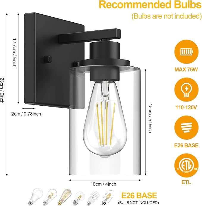 Wall Sconces Set of 2 Matte Black Vanity Lights for Bathroom, Modern Wall Light Fixtures Sconce Lights Indoor with Clear Glass Farmhouse Wall Mount Lamp for Bedroom Mirror Living Room Hallway E26 Base