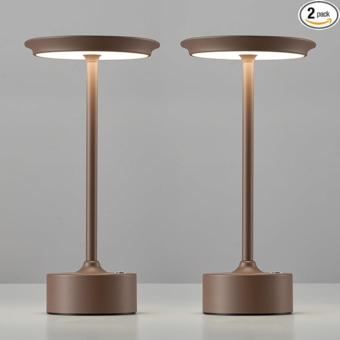 PUSU Rechargeable Table Lamps Set of 2, Brown Cordless LED 4000mAh Battery Desk Lamp, Stepless Dimming & 3 Color 2700K-6000K, Portable Lamp for Bedroom, Living Room, Restaurant, Outdoor, Night Light