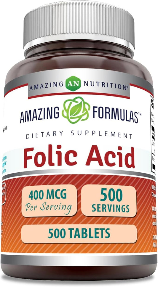 Amazing Formulas Folic Acid (Vitamin B9) 400 mcg | Tablets Supplement | Non-GMO | Gluten Free | Made in USA (1 Pack, 500 Count)