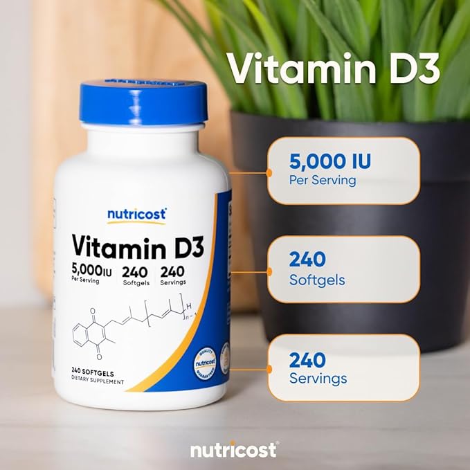 Nutricost ビタミンD3 5,000IU（125mcg）、240ソフトジェル - 非遺伝子組み換え、グルテンフリーのビタミンD