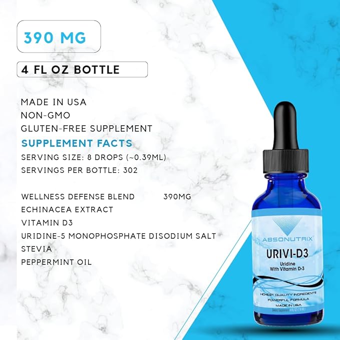 Absonutrix UriVi - D3, 343 mg, 118 ml Liquide, 302 Doses, Fabriqué aux États-Unis, Ingrédients d'Origine Végétale, Extrait d'Échinacée, Vitamine D3, Sans Gluten