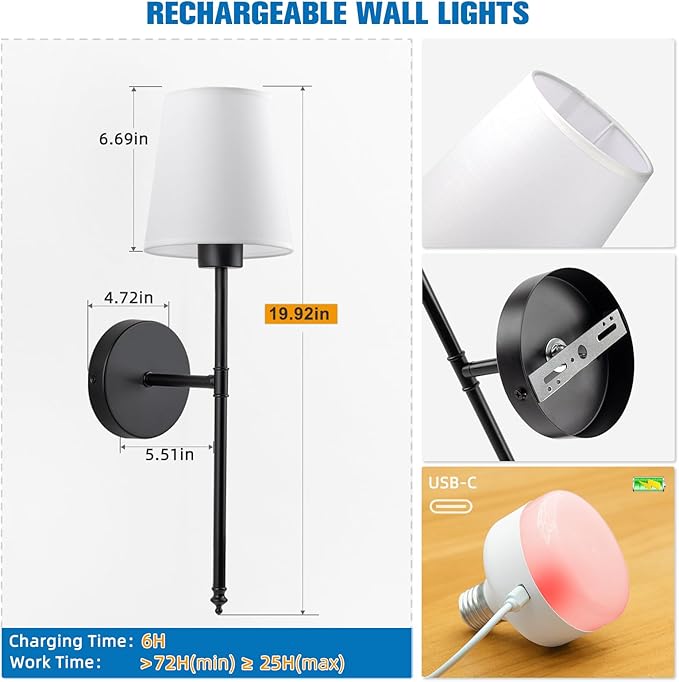 NIORSUN 19.9 inch Battery Operated Wall Sconce Set of 2,Black Rechargeable Wall Lights with 10400mAh Dimmable Detachable Bulbs and Remote,10 Colors Wireless Sconces for Bedroom Living Room Hallway