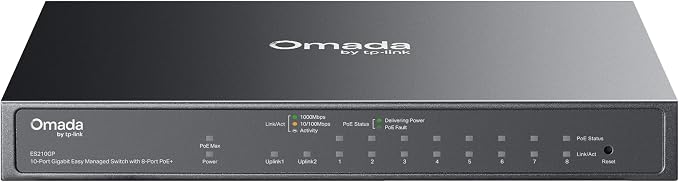 TP-Link Omada 8 Port Gigabit Easy Managed, PoE Switch, 63W Budget, PoE+ Compliant, Up to 250m PoE Distance, Auto Recovery, VLAN, Auto Loop Prevention, Fanless, Managed by Omada(ES210GP)