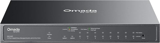 TP-Link Omada 8 Port Gigabit Easy Managed, PoE Switch, 63W Budget, PoE+ Compliant, Up to 250m PoE Distance, Auto Recovery, VLAN, Auto Loop Prevention, Fanless, Managed by Omada(ES210GP)