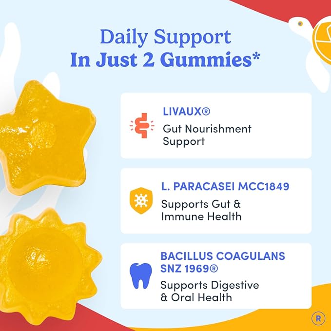 Gummies Probiotiques Enfants FIRST DAY - Probiotiques 3-en-1 pour enfants + Prébiotiques et Postbiotiques - Prébiotiques et Probiotiques pour la Santé Digestive et le Soutien Immunitaire – Végétalien, Sans Gluten, Approvisionnement de 30 Jours