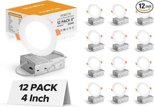 MAILCOS 12 Pack 4 Inch Ultra-Thin LED Recessed Ceiling Light with Junction Box, 5000K Daylight, 810LM High Brightness, Dimmable Canless Wafer Downlight, 9W 120V, ETL