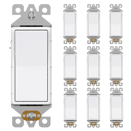 AIDA Light Switch Single Pole Light Switch Square Rocker Switch Decorator Switches White, 15 Amp Self-grounding Electrical Light Switches, Residential Grade, UL Listed (10 Pack, Glossy White)