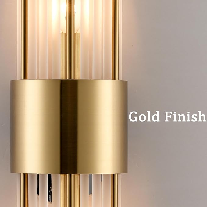 2-Light Modern Crystal Wall Sconces Titanium Gold Vanity Wall Light with Frosted Glass Luxury Set of 2 Wall Light Fixtures for Bedroom Living Room Dining Room Vanity Mirror Light