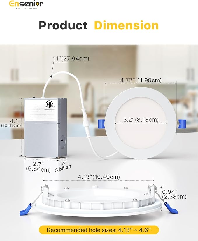 Ensenior 4 Pack 4 Inch LED Recessed Ceiling Light, Dimmable, 2700K-6000K 6CCT, 750LM 9W 120V, High Brightness Canless Wafer Downlight - ETL&FCC&IC