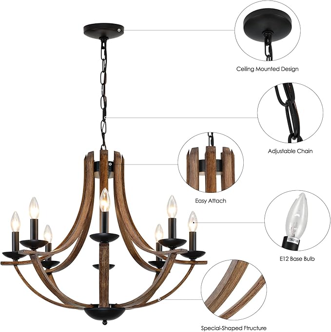 LAMPKEDUO Rustic Farmhouse Dining Room Chandelier Light Fixture, 8-Light 28" Adjustable Chandelier for Kitchen Island, Living Room, Foyer, Staircase, Restaurant, Showroom, Villa, Faux Walnut