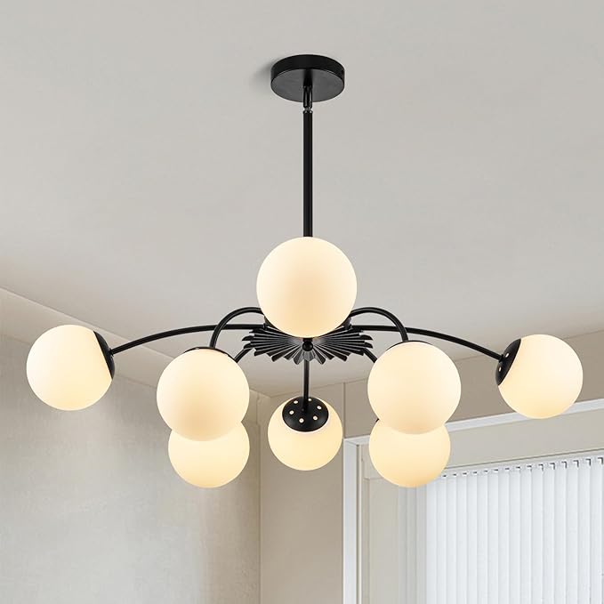 8-Light Milk Glass Pendant Light, 33" Sputnik Bubble Glass Chandelier Light Fixture, Hand Blown Semi Flush Mount Ceiling Chandeliers Lighting for Dining Room, Living Room (Black, 8-Light Chandelier)