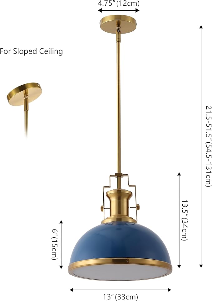 JONATHAN Y JYL9536G 13" Modern Industrial Dome Pendant Light, Farmhouse Hanging Light Fixture in Navy and Brass Gold, Adjustable Height Metal Lighting for Kitchen Island, Dining Room, Entryway