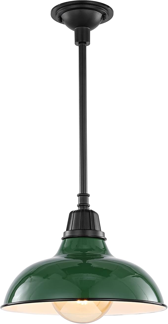 JONATHAN Y 12.25" Green/Black 1-Light Farmhouse Indoor/Outdoor LED Pendant Iron Hanging Light, and Black Metal Shade, Rustic Ceiling Lamp for Kitchen Island, LED Bulb Included (JYL7611F)